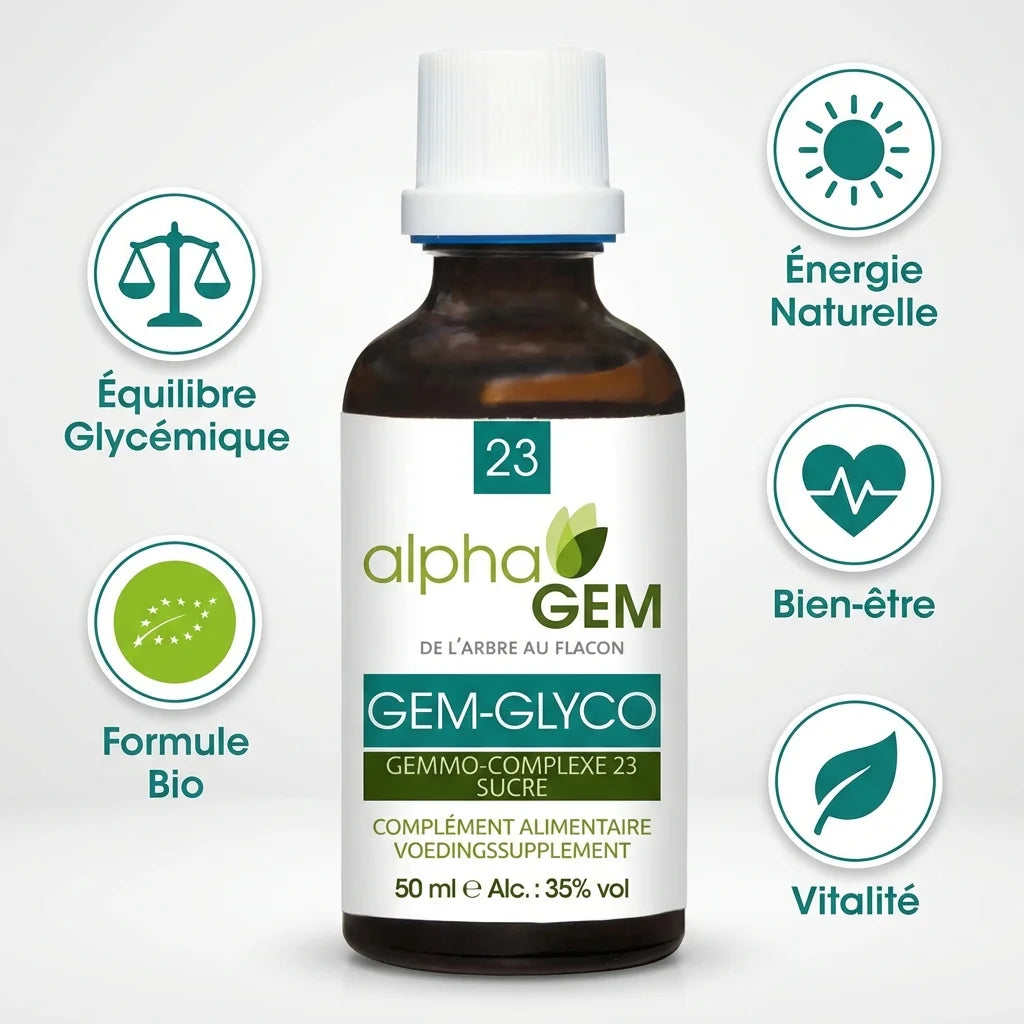 Gem-Glyco 23 Bio 50ml Alphagem avec icônes bénéfices équilibre glycémique, énergie et vitalité