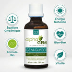 Gem-Glyco 23 Bio 50ml Alphagem avec icônes bénéfices équilibre glycémique, énergie et vitalité