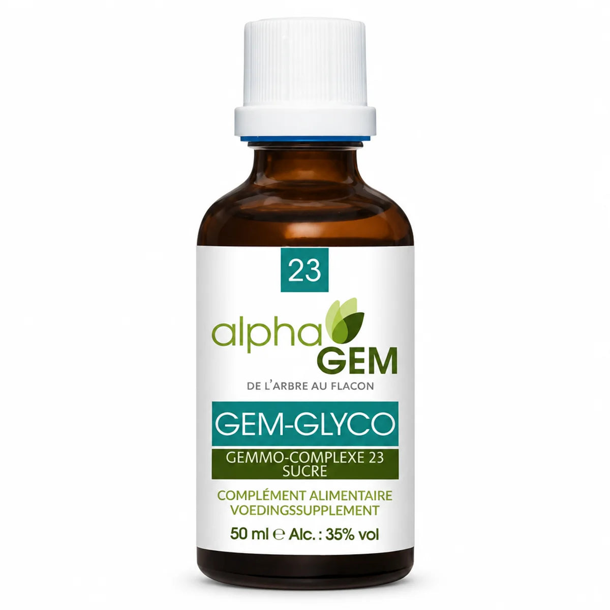Flacon compte-gouttes en verre ambré avec bouchon blanc Gem-Glyco 23 Bio 50 ml d'Alphagem, complément alimentaire sur fond blanc