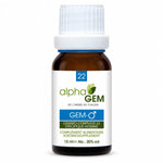 Flacon compte-gouttes ambré de 15 ml d'Alphagem Gem-Homme 22 Bio, complément alimentaire gemmothérapie spécifique homme, fond blanc