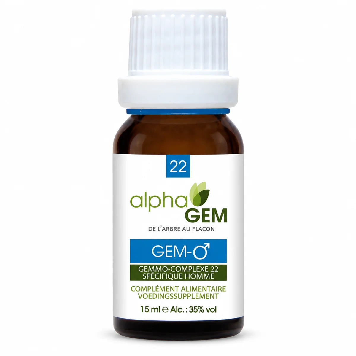 Flacon compte-gouttes ambré de 15 ml d'Alphagem Gem-Homme 22 Bio, complément alimentaire gemmothérapie spécifique homme, fond blanc