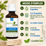 Flacon ambré Gem-Homme 22 Bio Alphagem 50 ml avec pipette blanche, et mode d'emploi en 5 étapes sur fond beige