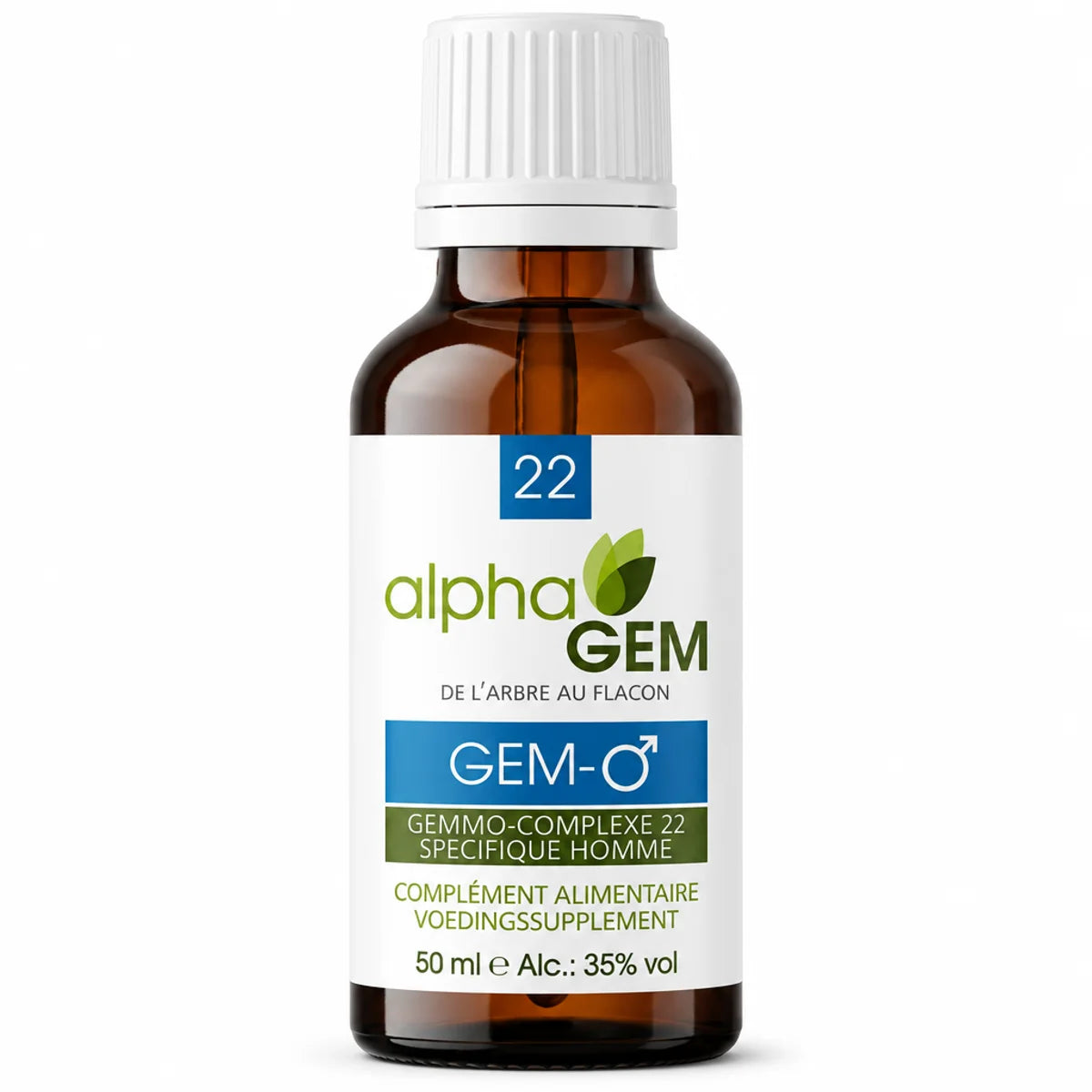 Flacon compte-gouttes ambré de 50 ml Gem-Homme 22 Bio d'Alphagem, complément alimentaire spécifique homme, fond blanc