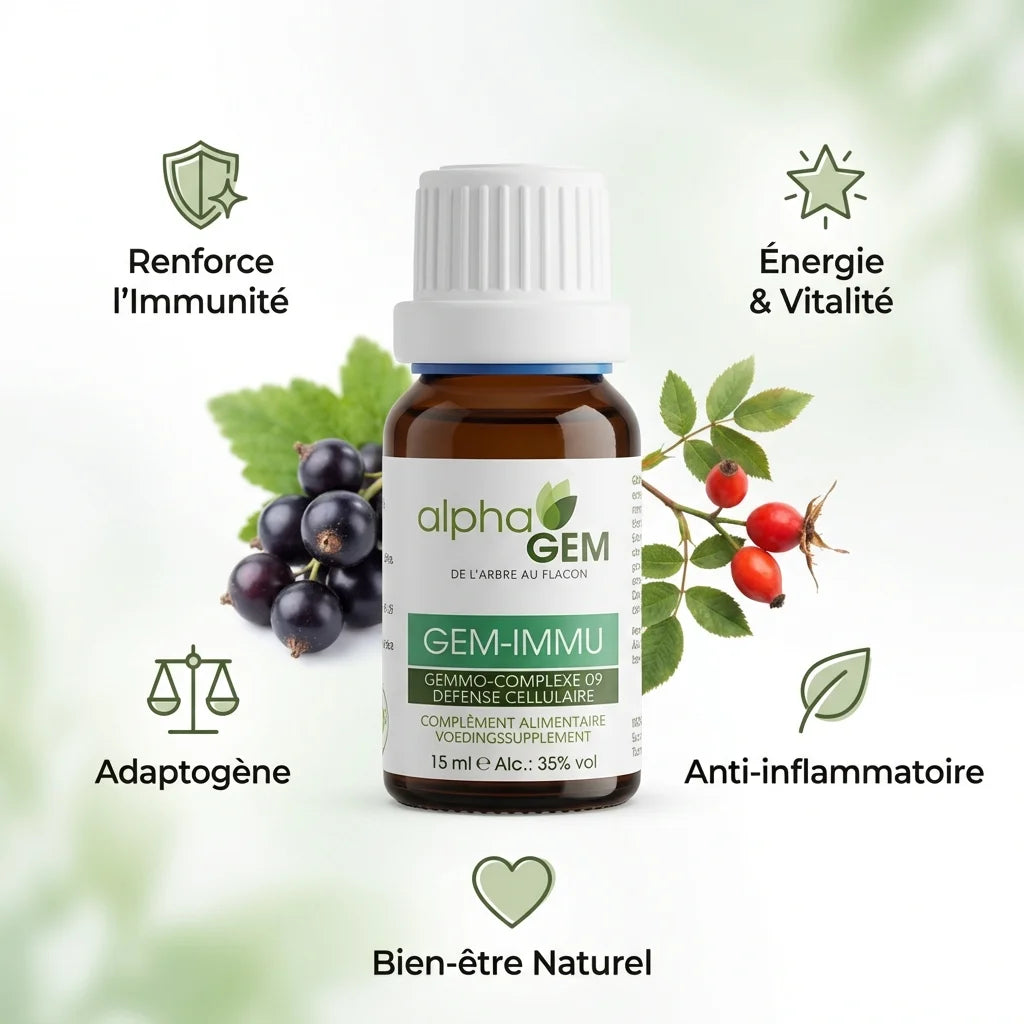 Gem-Immu 09 Bio 15ml Alphagem avec icônes bénéfices immunité, énergie et bien-être naturel