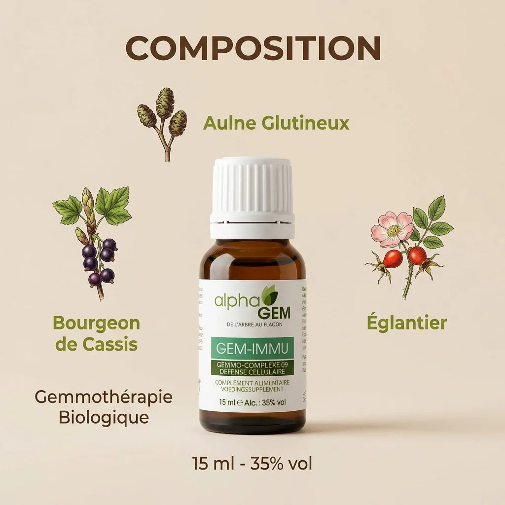 Gem-Immu 09 Bio 15ml Alphagem avec composition botanique Cassis Aulne Églantier gemmothérapie