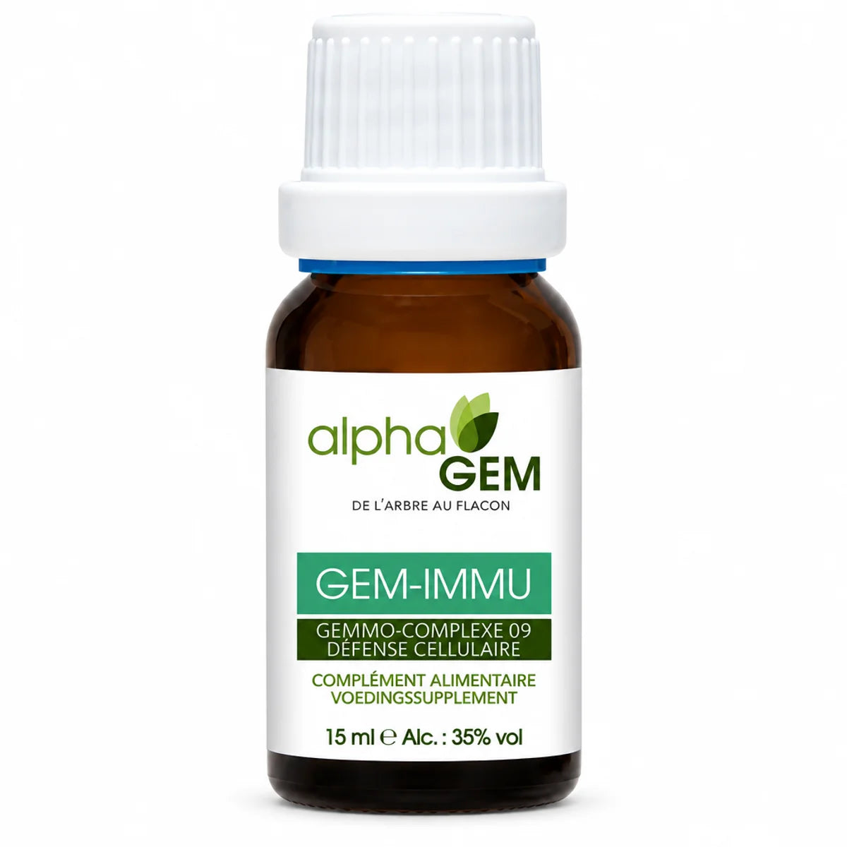 Flacon compte-gouttes ambré de 15 ml Gem-Immu 09 Bio d'Alphagem, complément alimentaire à base de gemmothérapie pour la défense cellulaire.