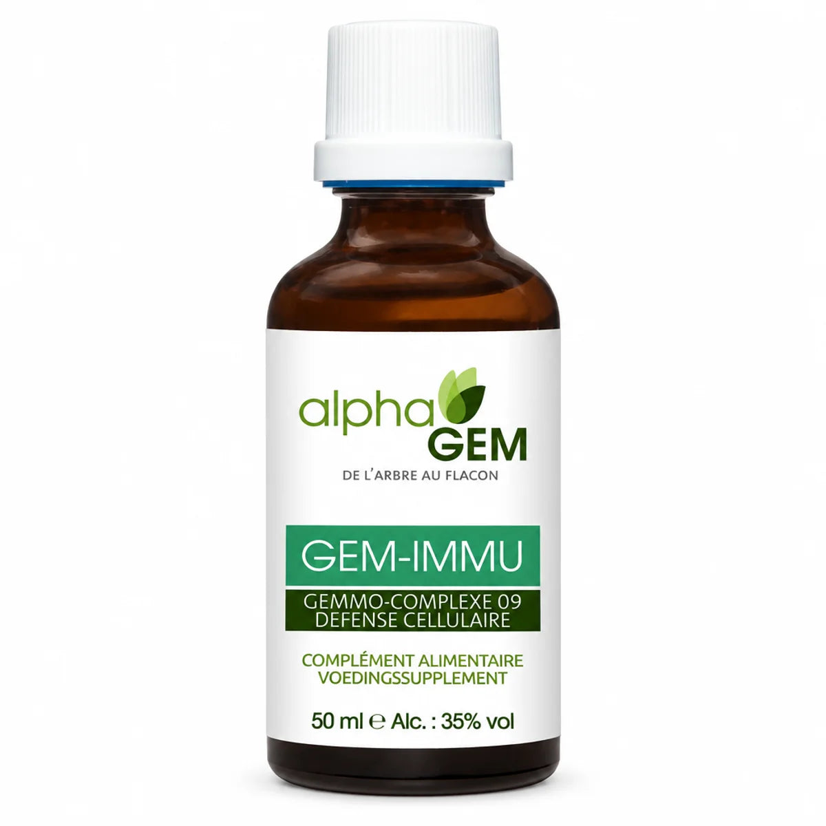 Flacon en verre ambré de Gem-Immu 09 Bio Alphagem 50 ml, avec étiquette blanche, logo feuille verte alphaGEM et bandeau Gemmo-complexe 09