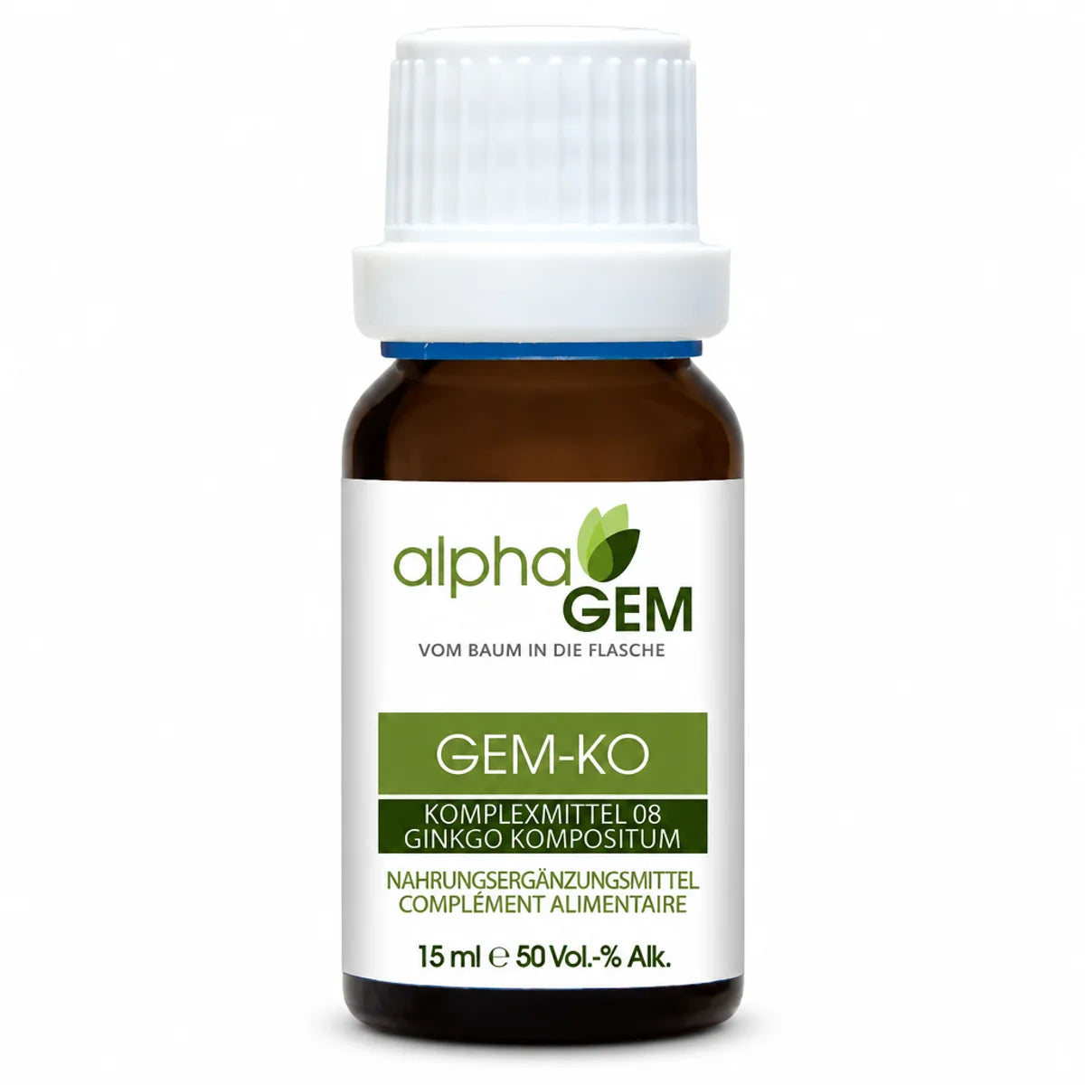 Flacon en verre ambré 15 ml Gem-Ko 08 Bio d'Alphagem, complexe de ginkgo, étiquette blanche et verte sur fond blanc