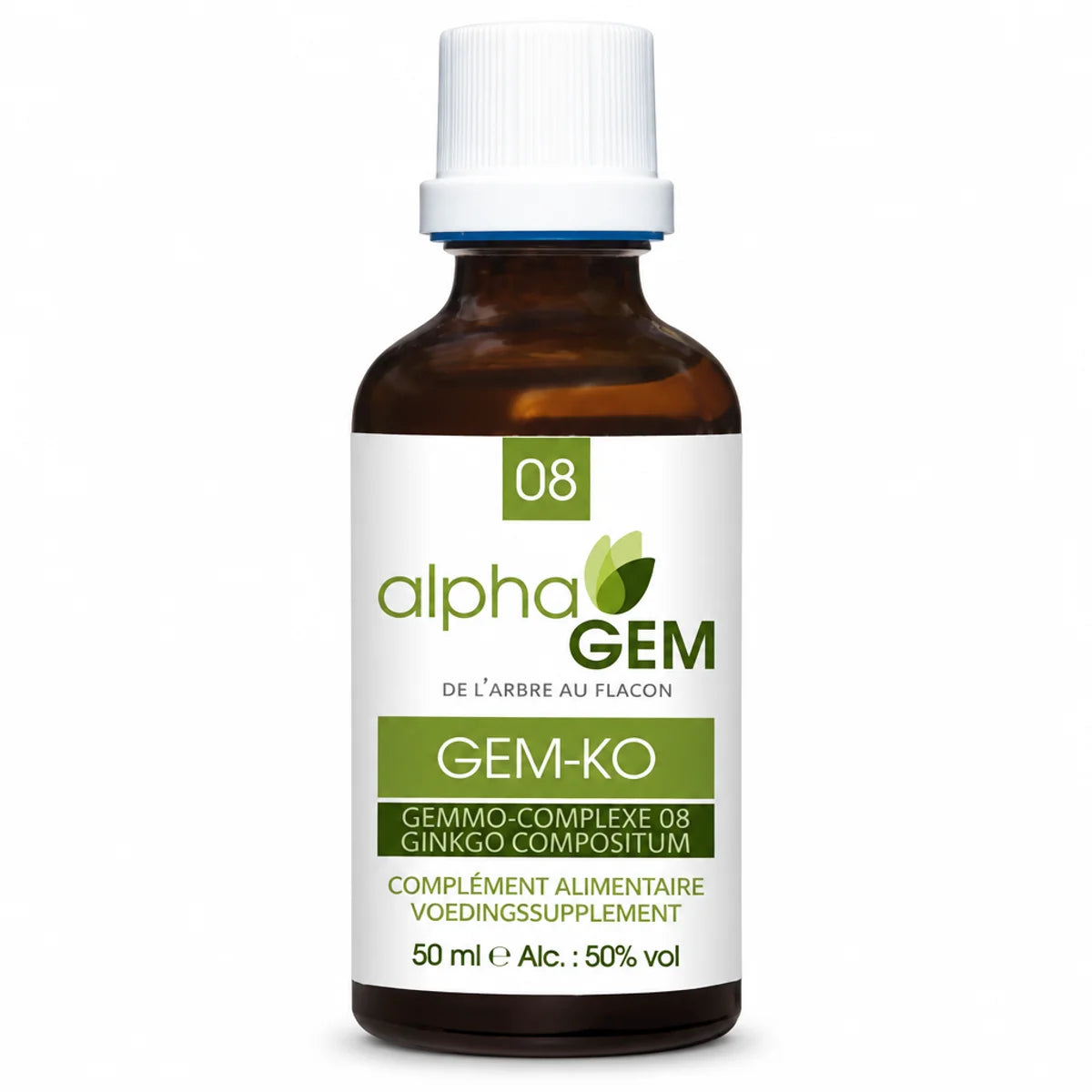 Flacon compte-gouttes en verre ambré Gem-Ko 08 Bio 50 ml Alphagem, complément alimentaire Gemmo-complexe ginkgo, fond blanc