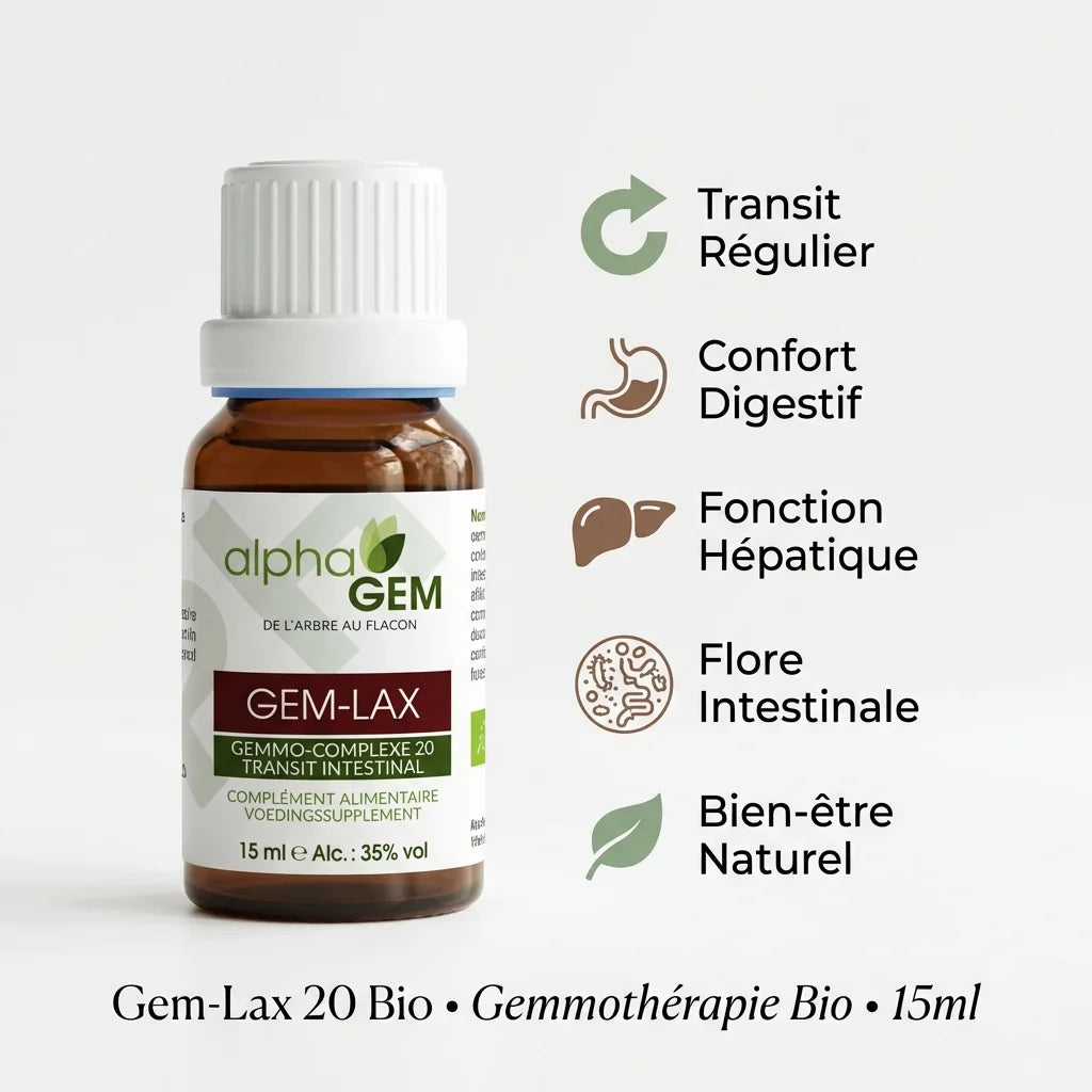 Gem-Lax 20 Bio 15ml Alphagem : flacon gemmothérapie avec bénéfices digestion et transit