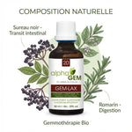 Gem-Lax 20 Bio flacon 50ml avec ingrédients naturels, sureau noir et romarin pour transit intestinal