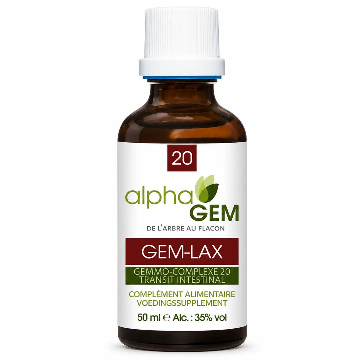 Flacon compte-gouttes ambré de 50 ml Gem-Lax 20 Bio d'Alphagem, sur fond blanc