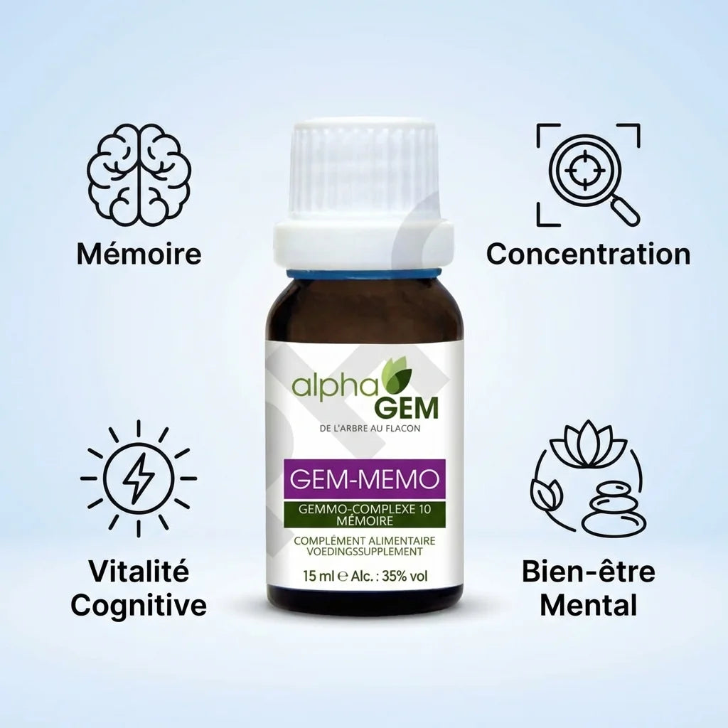 Gem-Mémo 10 Bio 15ml avec icônes mémoire, concentration, vitalité cognitive et bien-être mental