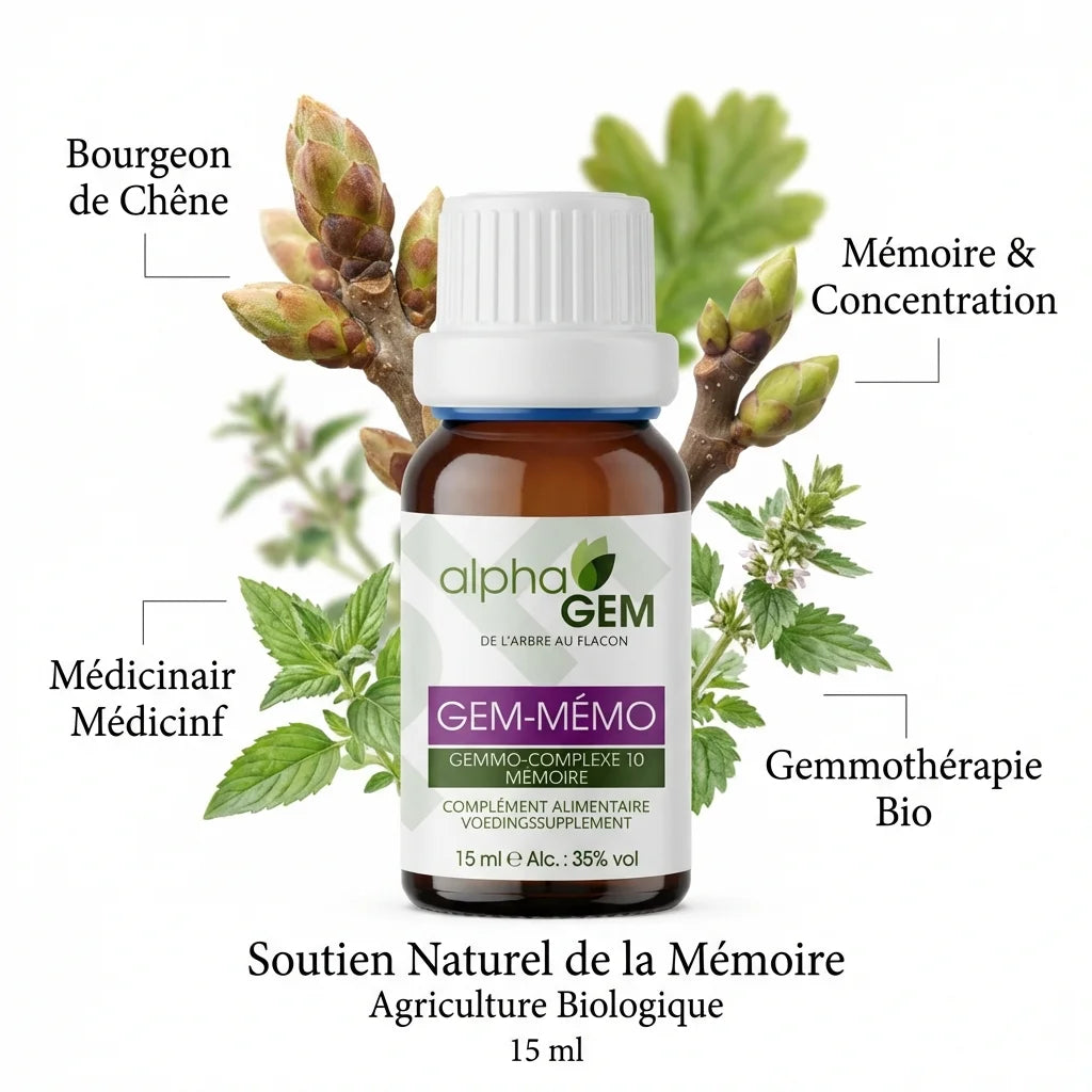 Gem-Mémo 10 Bio 15ml flacon gemmothérapie pour mémoire et concentration avec bourgeons botaniques bio