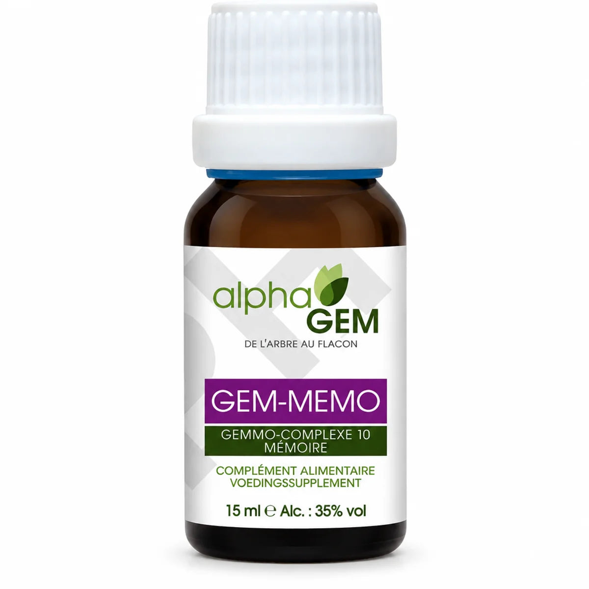 Flacon en verre ambré de 15 ml avec bouchon blanc, étiquette alphaGEM « Gem-Mémo 10 » et mention « Gemmo-complexe 10 mémoire » sur fond blanc