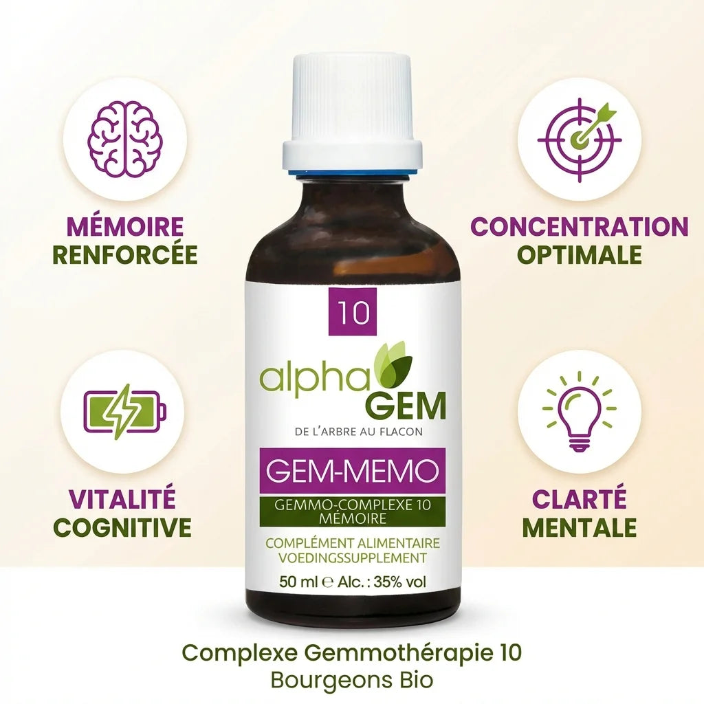 Gem-Mémo 10 Bio 50ml Alphagem - Flacon gemmothérapie avec bénéfices cognitifs