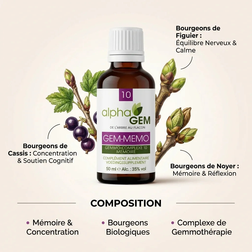 Gem-Mémo 10 Bio 50ml flacon ambré avec bourgeons biologiques pour mémoire et concentration
