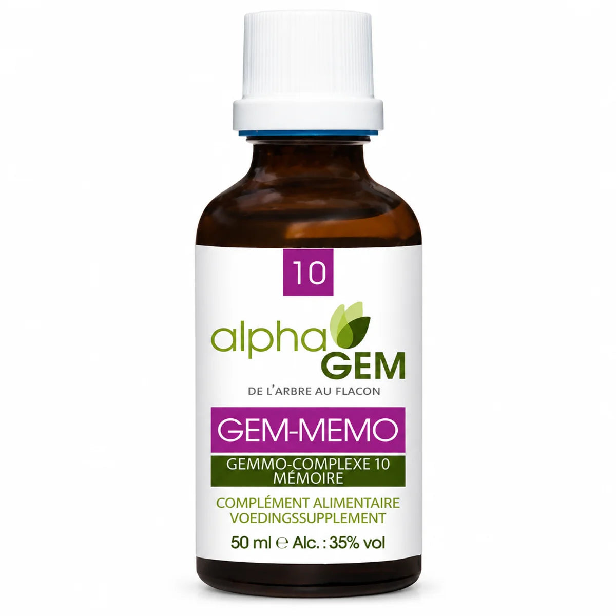 Flacon compte-gouttes ambré Gem-Mémo 10 Bio 50 ml Alphagem, étiquette violette et verte, fond blanc