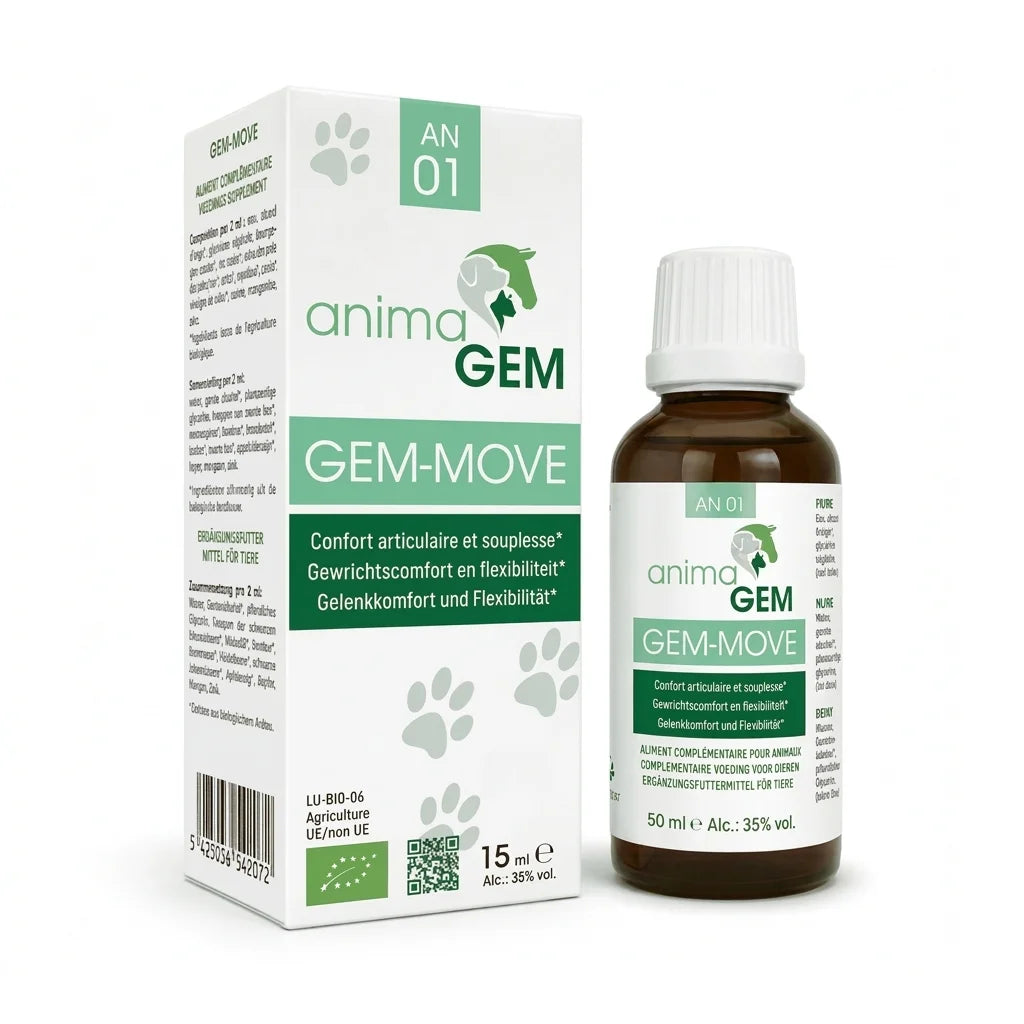 Gem-Move ANIMAGEM 15ml flacon verre brun avec boîte blanche et logo patte