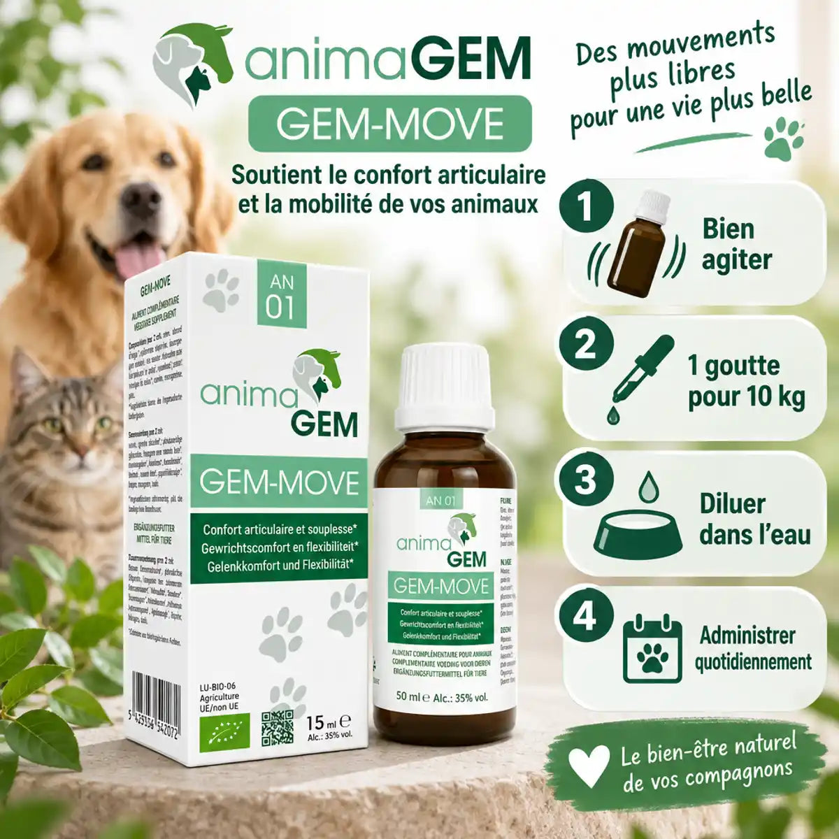 Gem-Move 15ml AnimaGEM confort articulaire - guide dosage et utilisation pour animaux