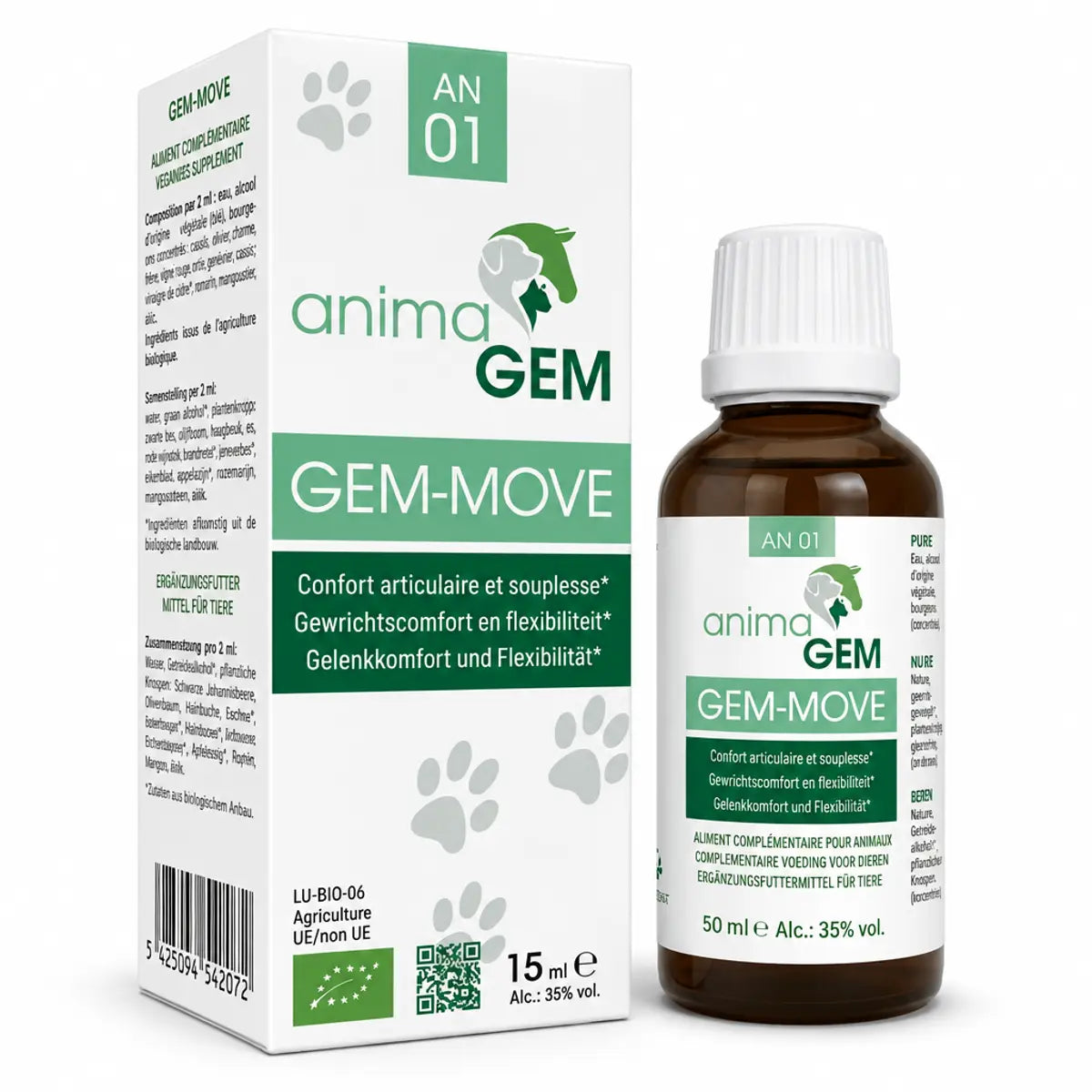 Gem-Move 15ml animaGEM flacon compte-gouttes verre ambré confort articulaire pour animaux