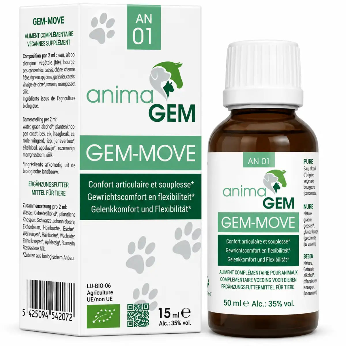 Gem-Move animaGEM 15 ml : flacon compte-gouttes en verre ambré et carton blanc pour le confort articulaire