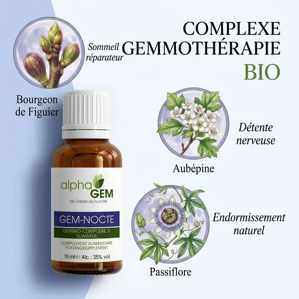 Gem-Nocte 11 Bio 15ml - Flacon gemmothérapie bio pour sommeil avec figuier, aubépine et passiflore