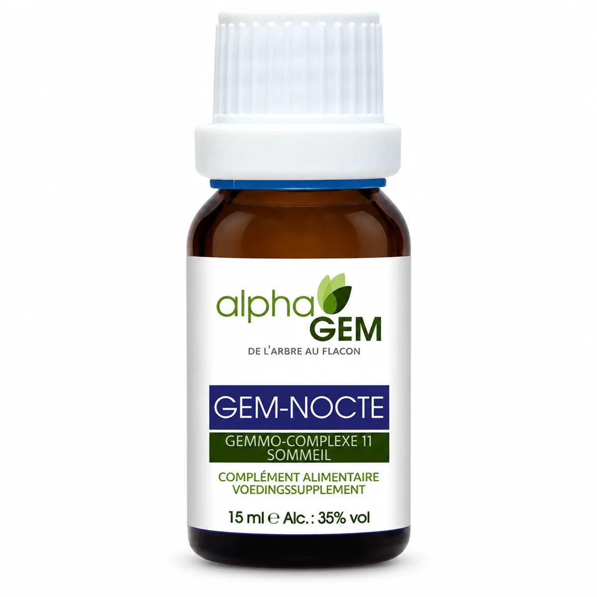 Flacon en verre ambré de Gem-Nocte 11 Bio 15 ml d'Alphagem, complexe gemmothérapie sommeil, étiquette bleue et verte sur fond blanc.