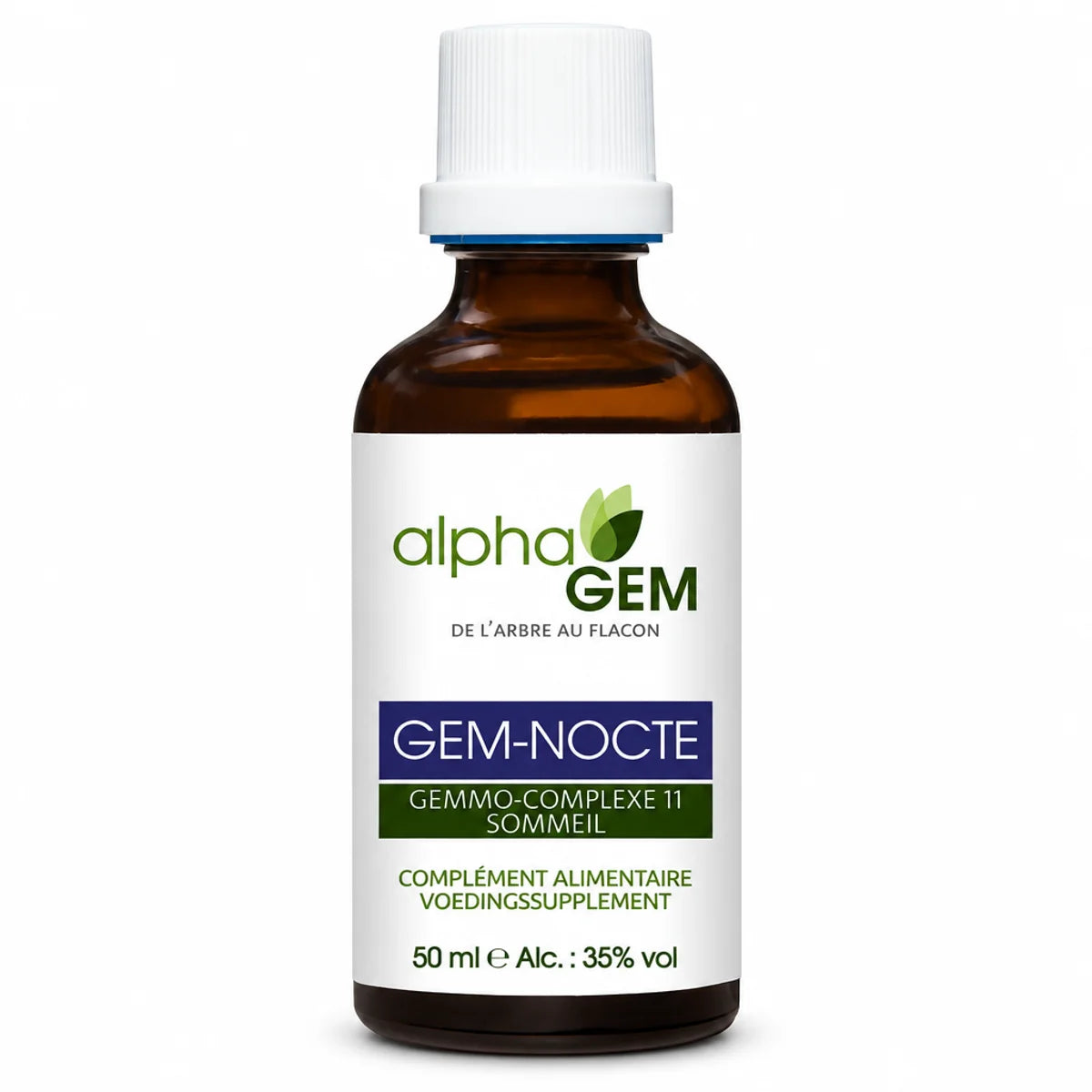 Flacon compte-gouttes ambré de 50 ml Gem-Nocte 11 Bio d'Alphagem, complément sommeil à base de gemmothérapie, fond blanc