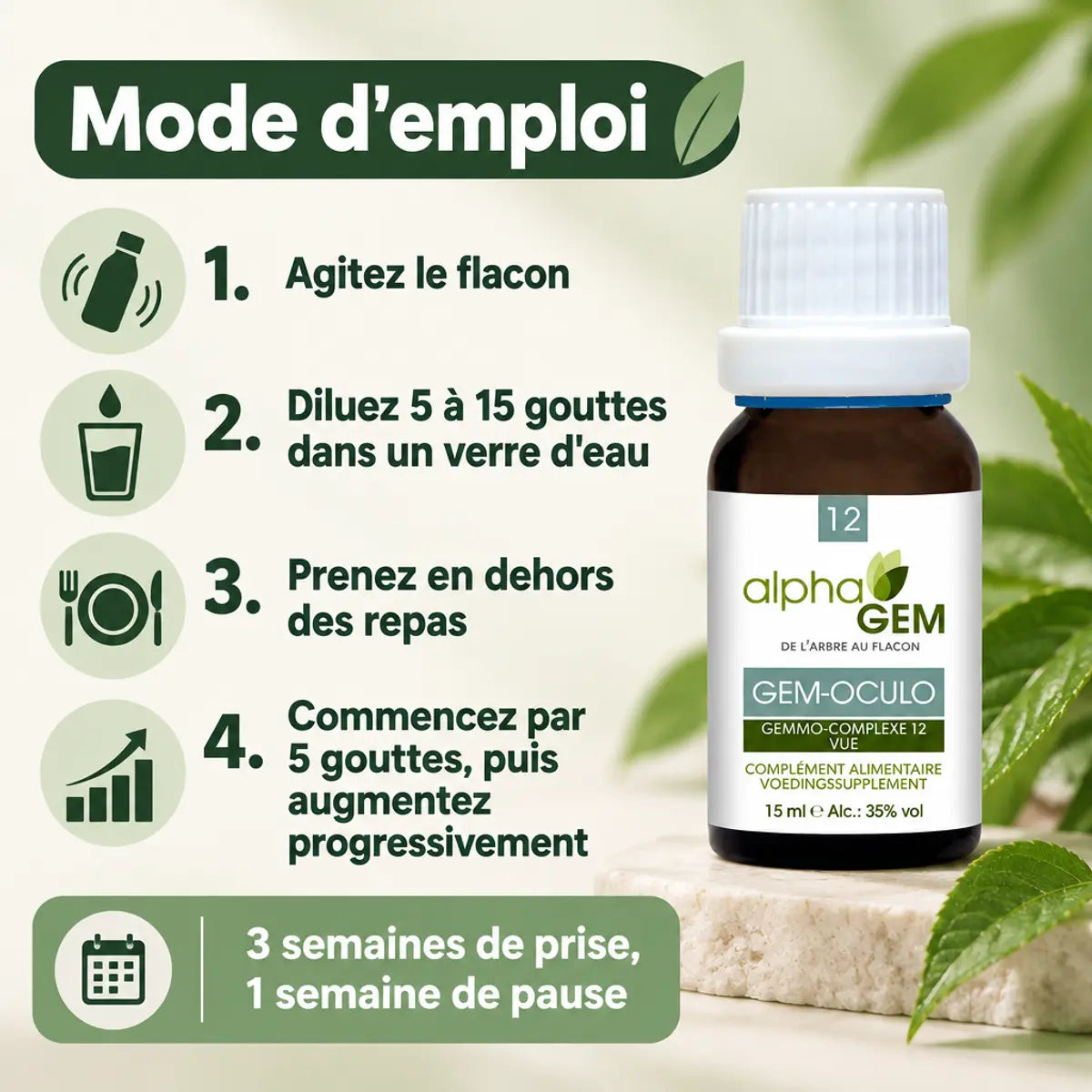 Mode d'emploi Gem-Oculo 12 Bio Alphagem : flacon 15 ml et posologie en 4 étapes, 3 semaines de prise