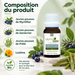 Gem-Oculo 12 Bio 15 ml d'Alphagem : flacon ambré avec composition bio (myrtillier, genévrier, prêle, lutéine) sur fond vert sauge