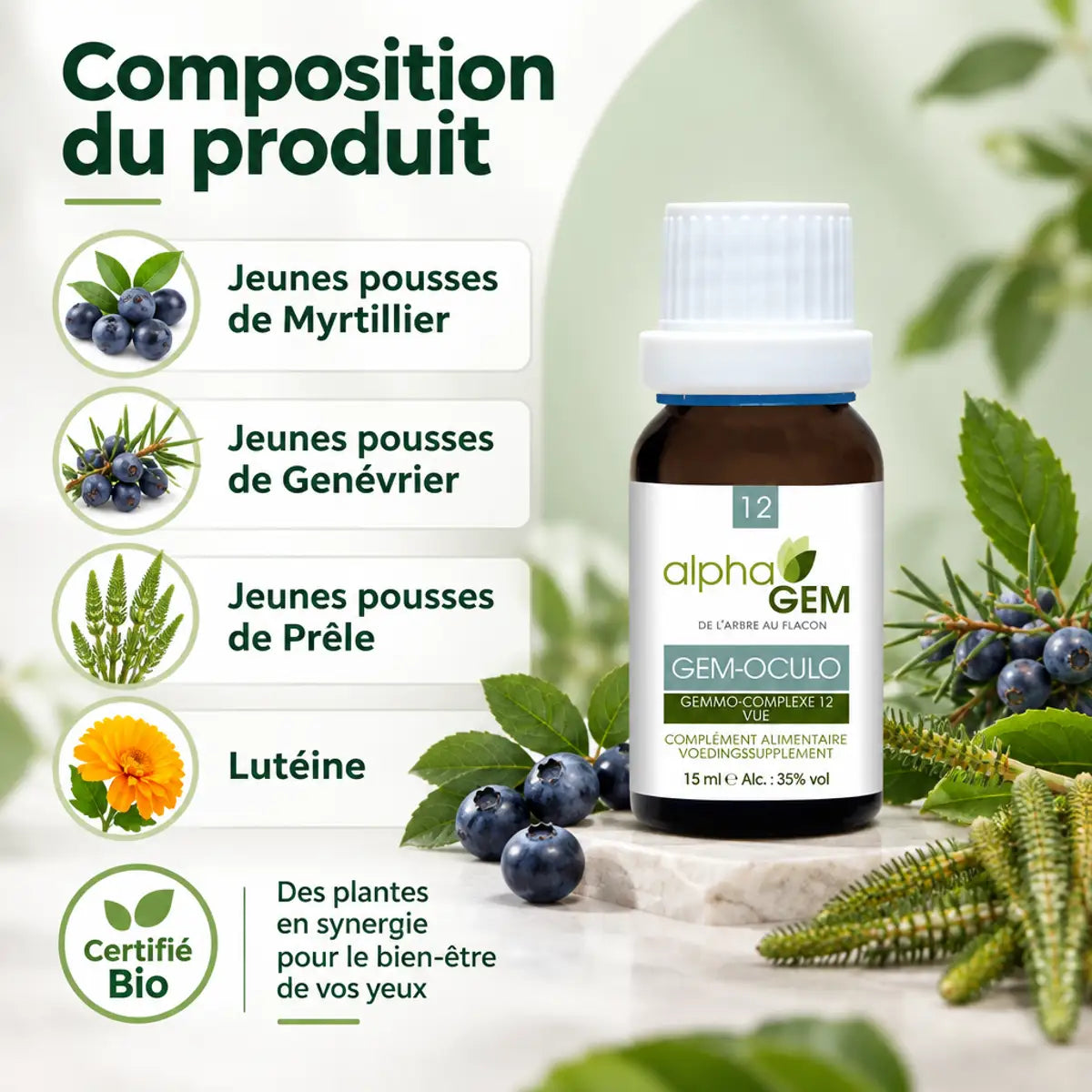 Gem-Oculo 12 Bio 15 ml d'Alphagem : flacon ambré avec composition bio (myrtillier, genévrier, prêle, lutéine) sur fond vert sauge