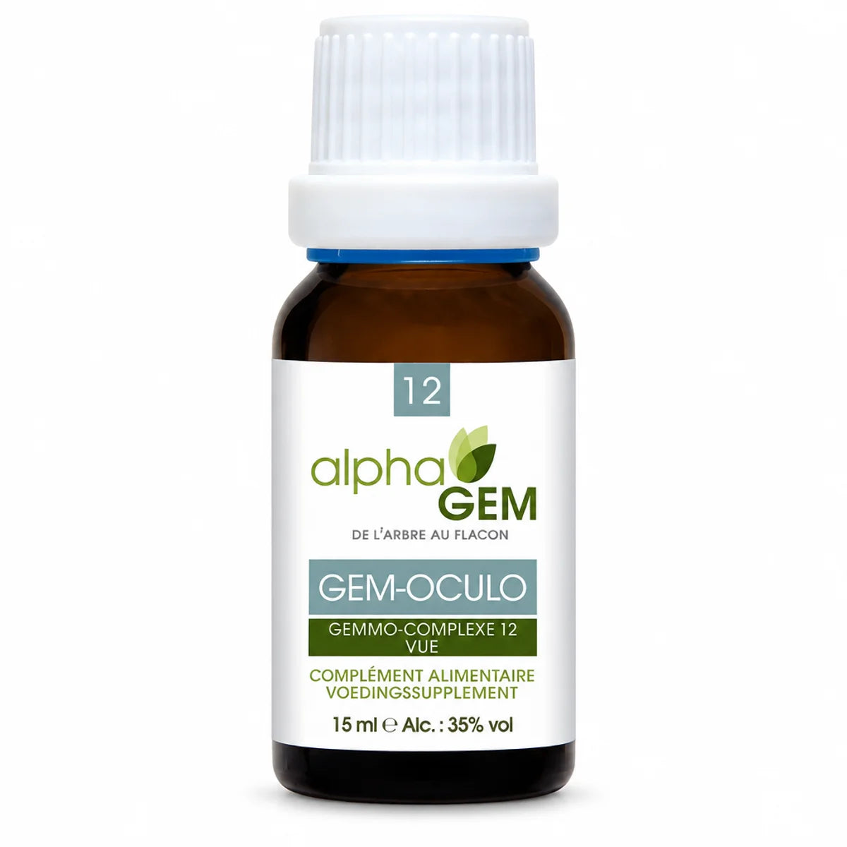Flacon compte-gouttes Gem-Oculo 12 Bio 15 ml Alphagem en verre ambré, bouchon blanc, sur fond blanc