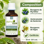 Flacon Gem-Oculo 12 Bio Alphagem 50 ml avec infographie sur la composition : bourgeons de myrtillier, jeunes pousses de genévrier et bourgeons de vigne