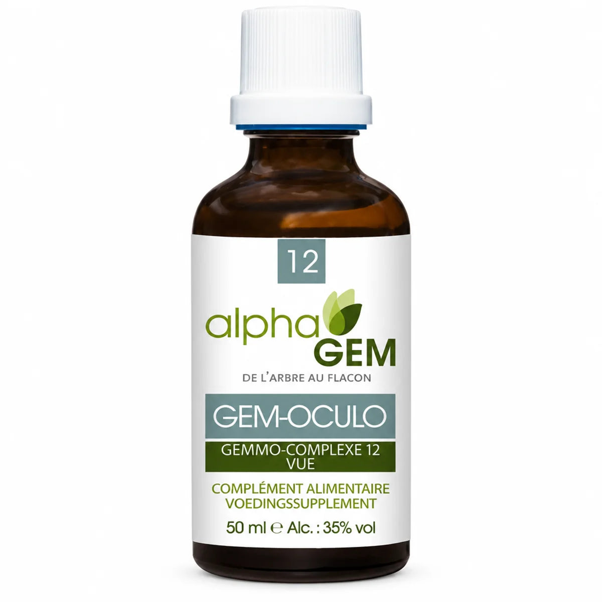 Flacon en verre ambré de 50 ml Gem-Oculo 12 Bio d'Alphagem, avec bouchon compte-gouttes blanc et étiquette blanche à logo alphaGEM, fond blanc