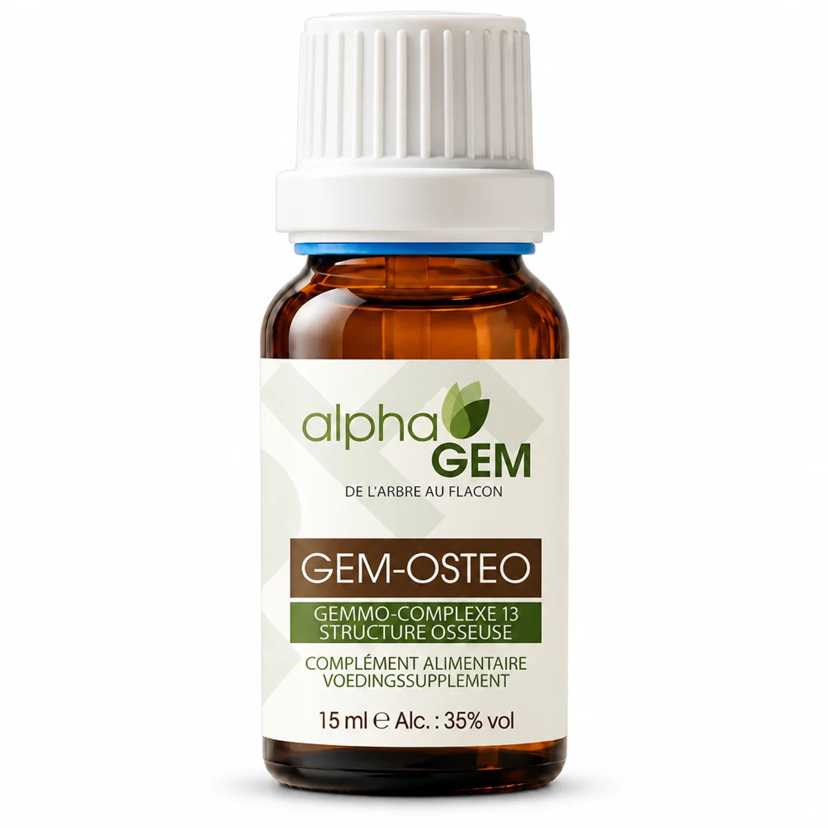 Flacon en verre ambré de 15 ml Gem-Ostéo 13 Bio d'Alphagem, étiquette alphaGEM sur fond blanc, complexe gemmo structure osseuse