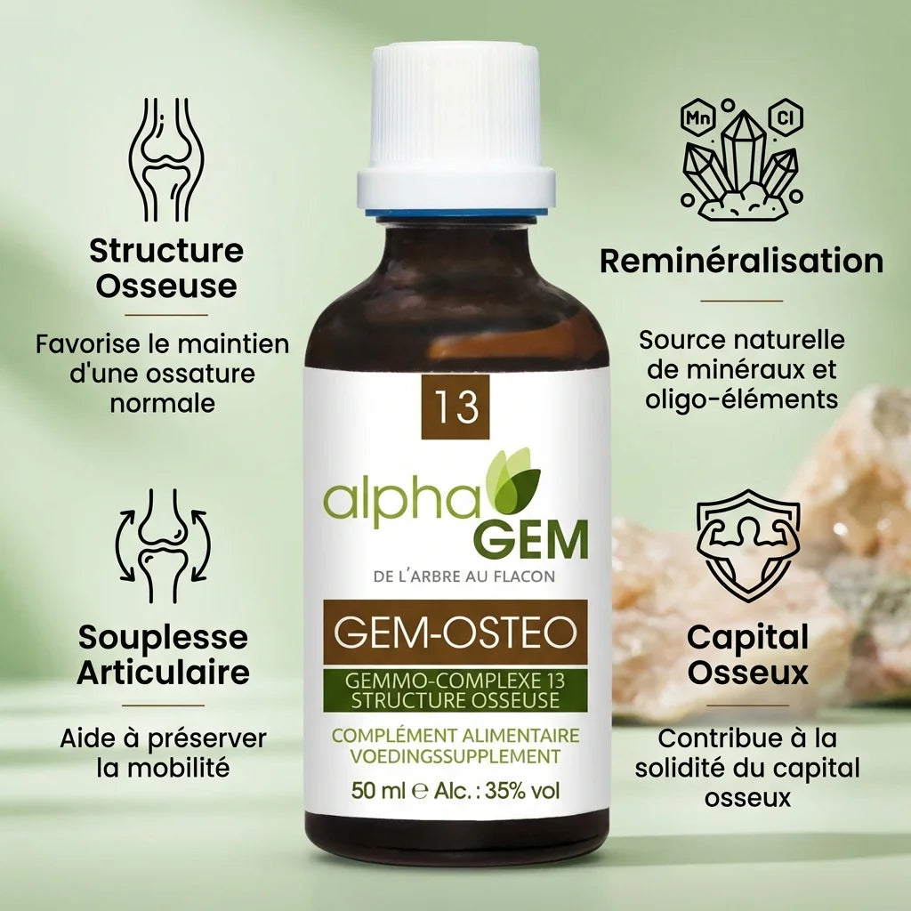 Gem-Ostéo 13 Bio flacon 50ml Alphagem avec bénéfices santé osseuse et articulaire