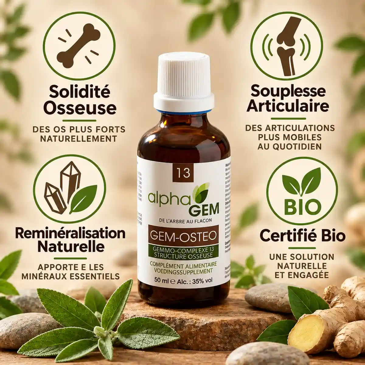 Gem-Ostéo 13 Bio 50ml Alphagem - flacon avec feuilles vertes et minéraux pour santé osseuse