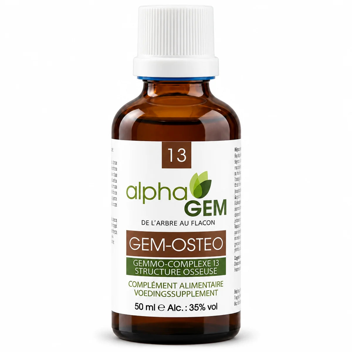 Flacon en verre ambré de Gem-Ostéo 13 Bio alphaGEM, 50 ml, complément à base de bourgeons et gemmothérapie pour la structure osseuse