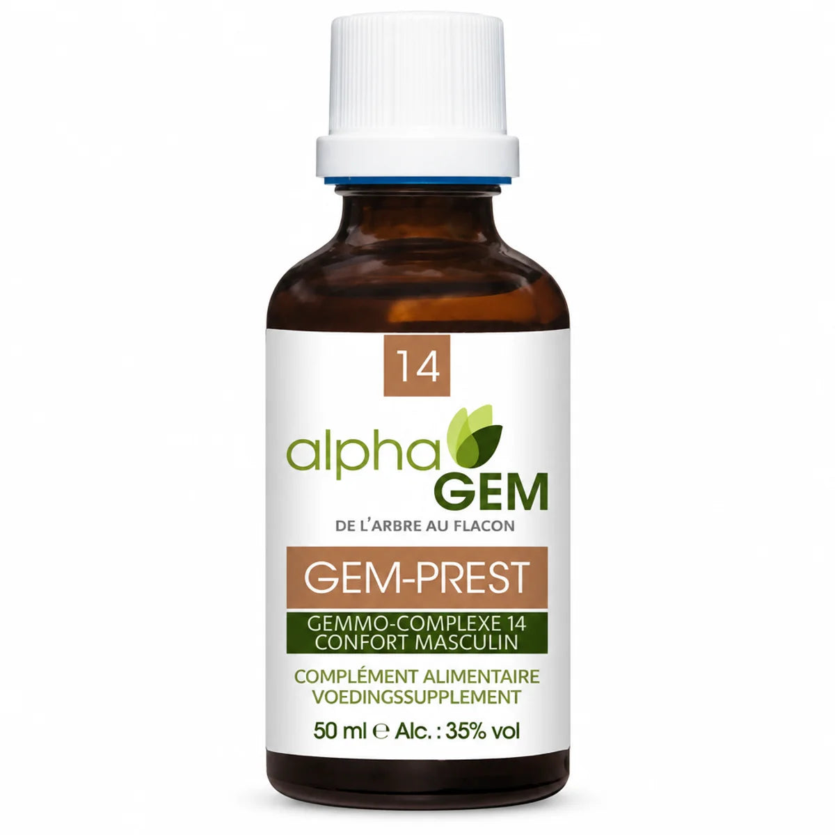 Flacon compte-gouttes ambré Gem-Prest 14 Bio alphaGEM, 50 ml, étiquette blanche au logo feuille verte, sur fond blanc