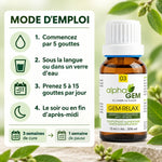 Flacon Gem-Relax 03 Bio 15 ml d'Alphagem avec mode d'emploi : 5 à 15 gouttes par jour, cure de 3 semaines