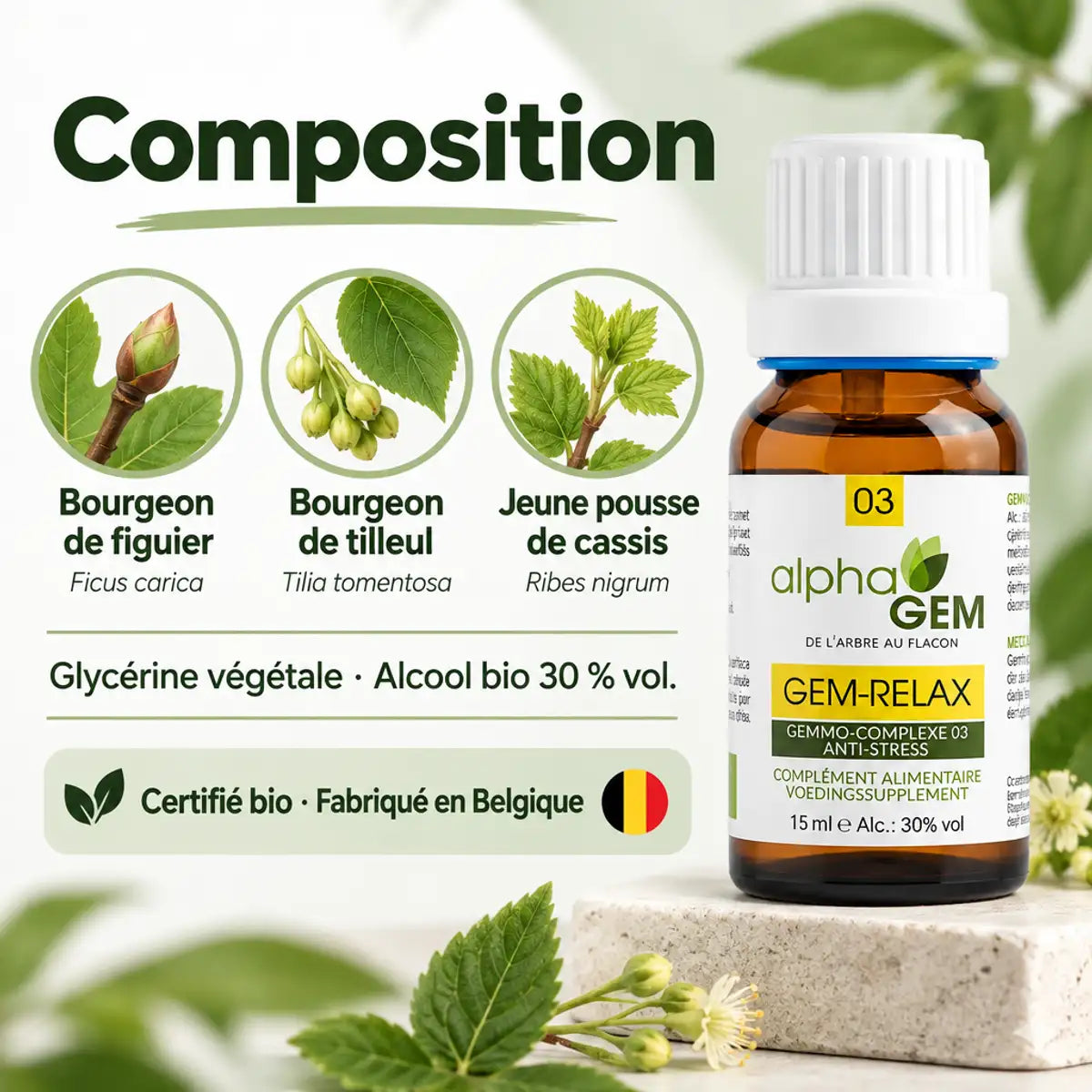 Gem-Relax 03 Bio Alphagem en flacon compte-gouttes ambré 15 ml, entouré de bourgeon de figuier, tilleul et cassis