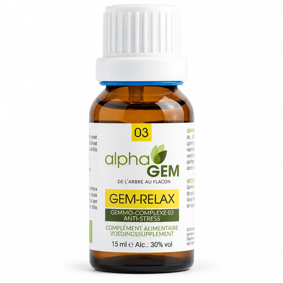 Flacon compte-gouttes ambré Gem-Relax 03 Bio Alphagem 15 ml, complément alimentaire anti-stress au gemmo-complexe, fond blanc