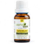 Flacon compte-gouttes ambré Gem-Relax 03 Bio Alphagem 15 ml, complément alimentaire anti-stress au gemmo-complexe, fond blanc