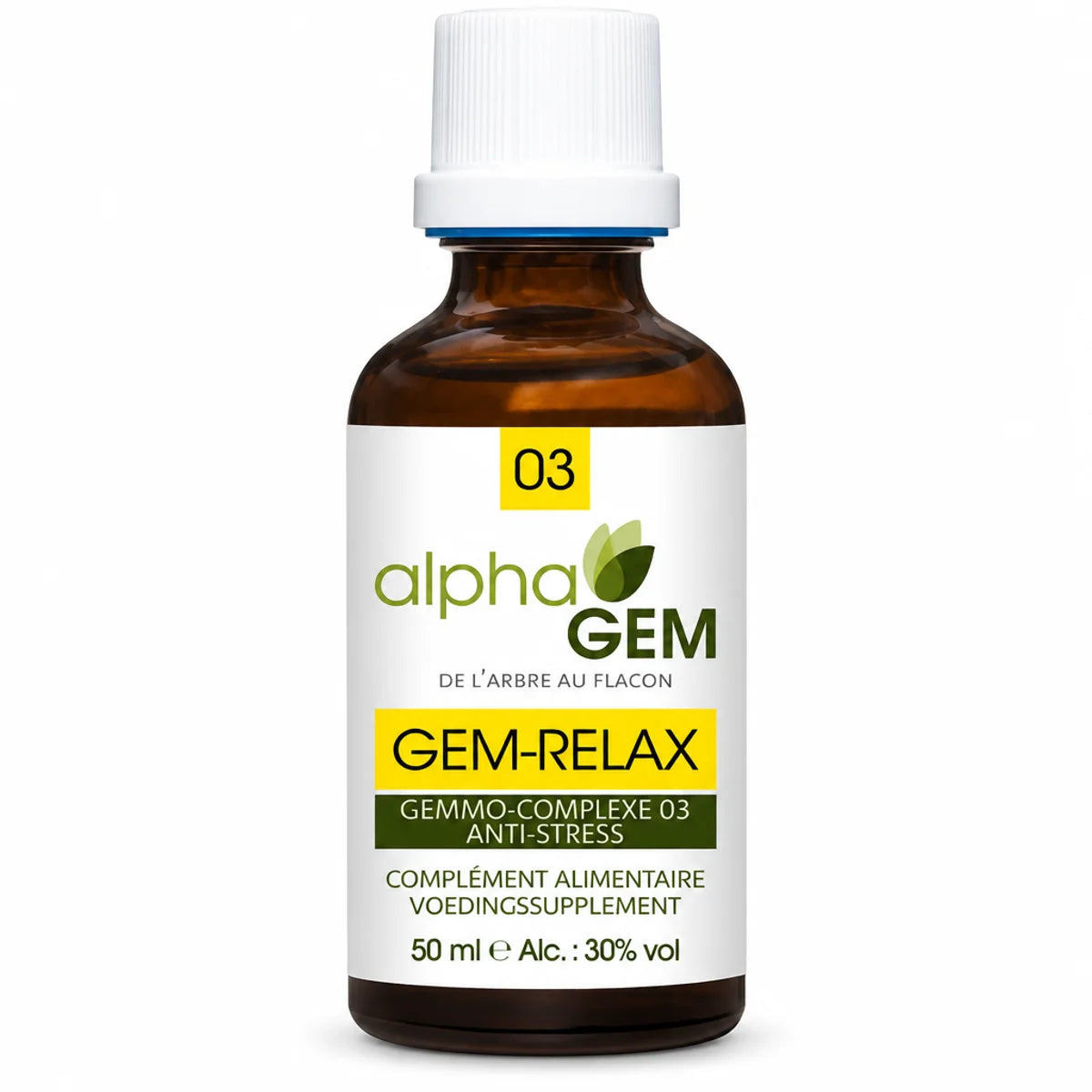 Flacon compte-gouttes en verre ambré de 50 ml Gem-Relax 03 Bio d'Alphagem, étiquette jaune « 03 » et logo feuille verte, sur fond blanc