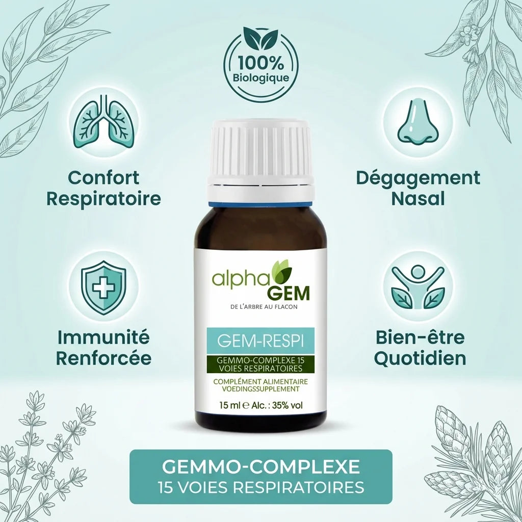 Gem-Respi 15 Bio Alphagem : flacon avec bénéfices respiratoires, immunité et bien-être quotidien
