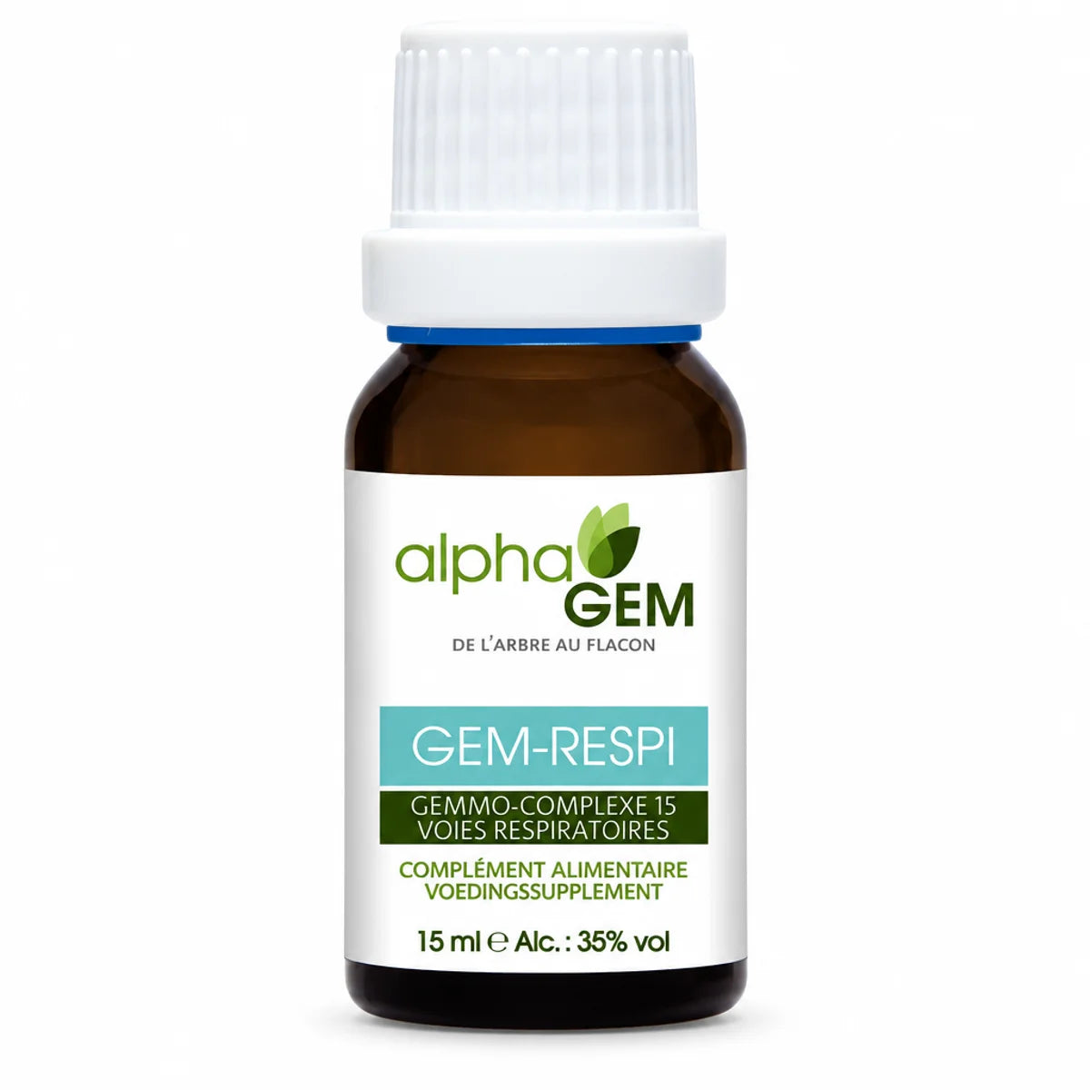 Flacon compte-gouttes ambré de 15 ml Gem-Respi Bio d'Alphagem, étiquette avec logo feuille verte alphaGEM, sur fond blanc