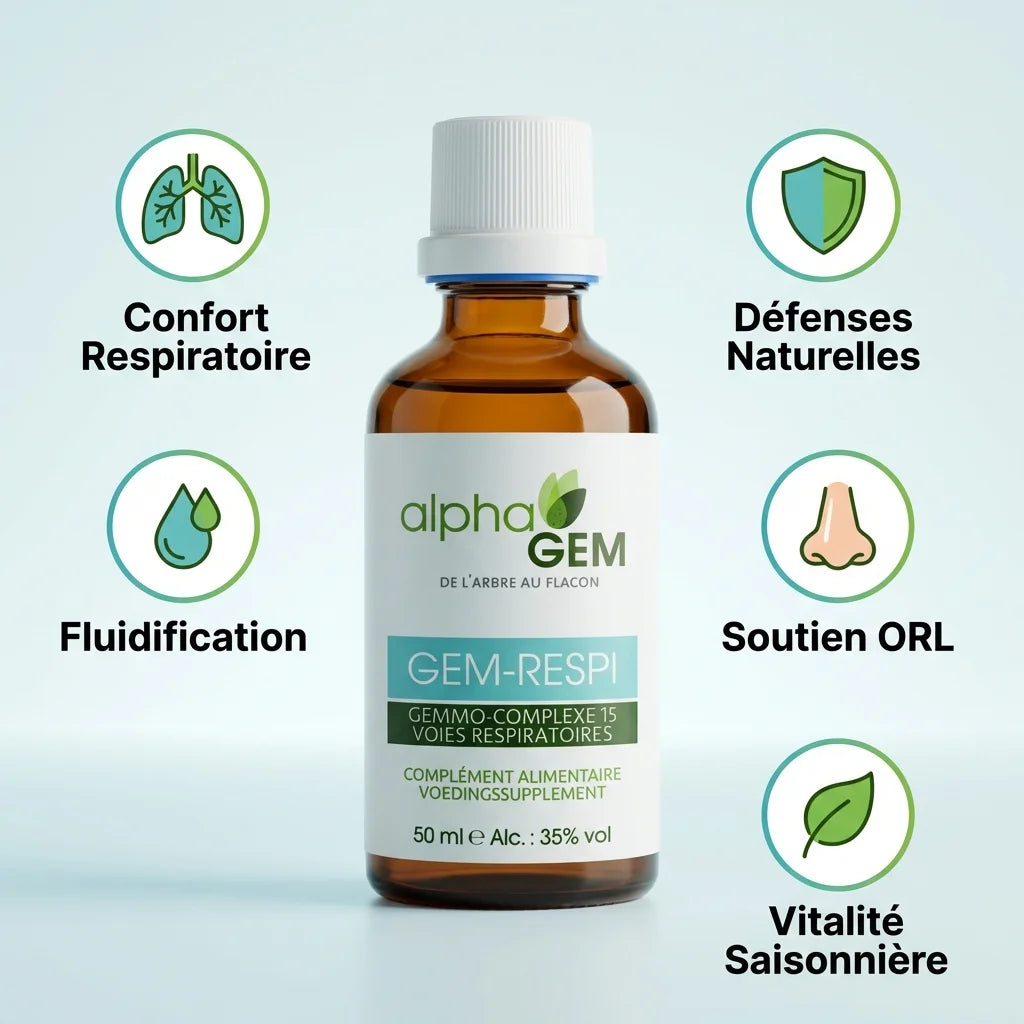 Gem-Respi 15 Bio 50ml Alphagem - Flacon avec icônes bénéfices respiratoires et défenses naturelles