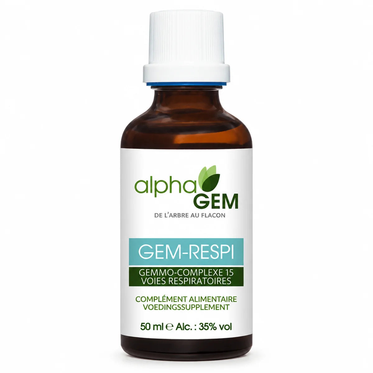 Flacon en verre ambré Gem-Respi 15 Bio 50 ml d'Alphagem, complexe de bourgeons 15 voies respiratoires, fond blanc