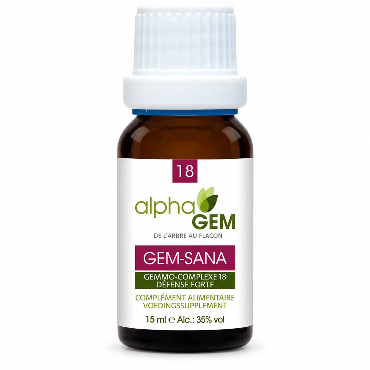 Flacon en verre ambré Gem-Sana 18 Bio 15 ml alphaGEM, complément alimentaire sur fond blanc
